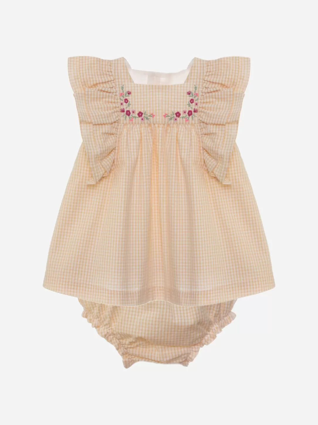 Baby Patachou Beige Seersucker Checkered Dress With Bloomers