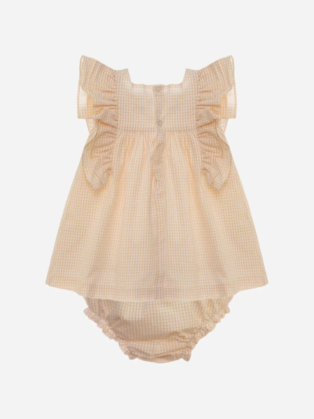 Baby Patachou Beige Seersucker Checkered Dress With Bloomers