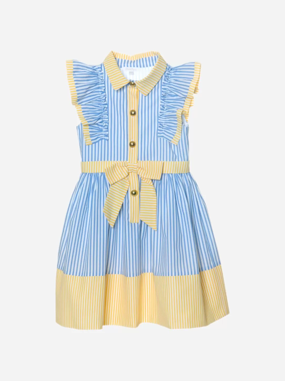 Girl Patachou Blue And Yellow Striped Dress With Bow