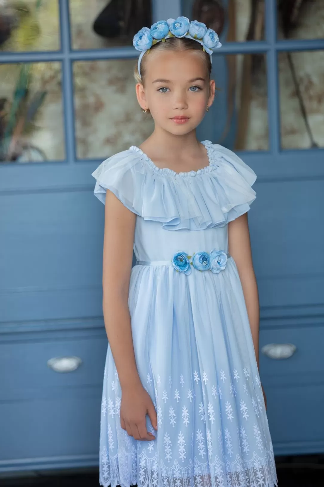 Girl Patachou Blue Lace Girls Dress Decorated With Roses
