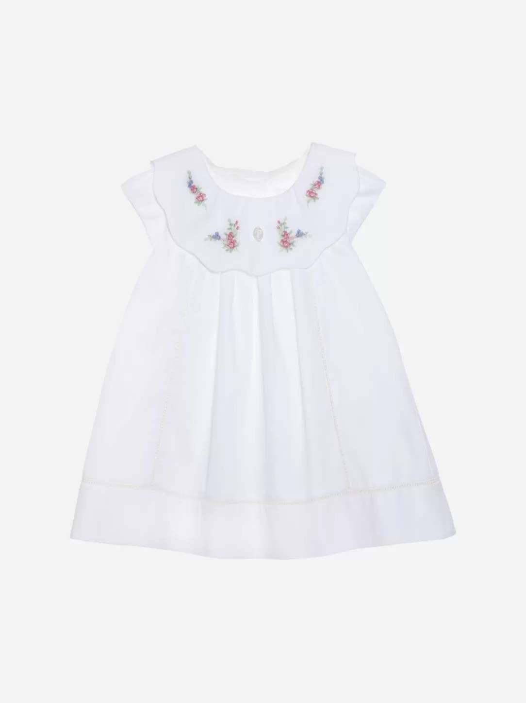 Baby Patachou Ecru Dress In Piquet With Pink Flowers Embroidered