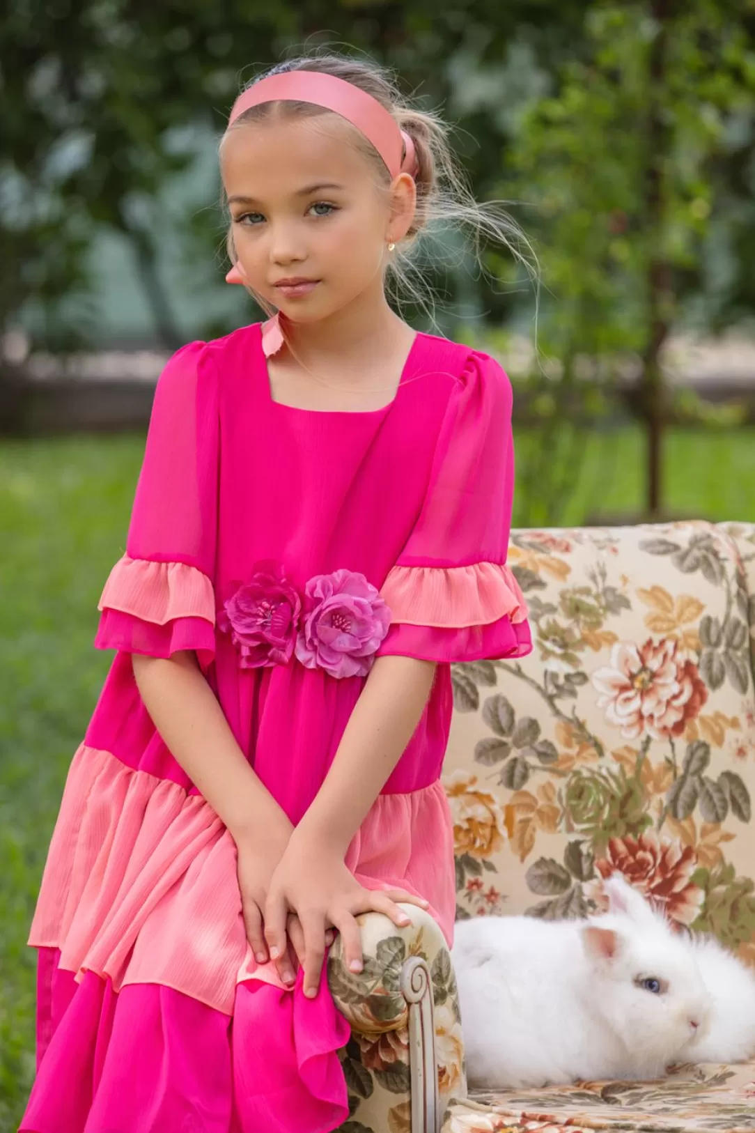 Girl Patachou Girls Fuchsia Rose Dress Decorated With Roses