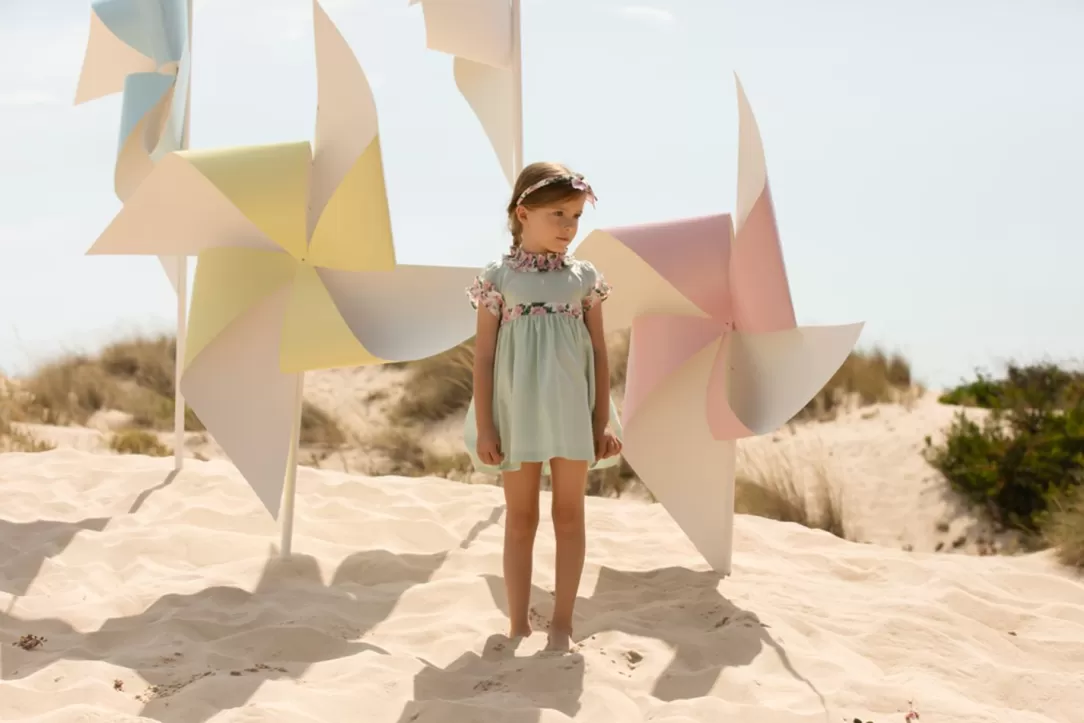Baby Patachou Green Water Dress Made In Voile With Frills In Liberty Print