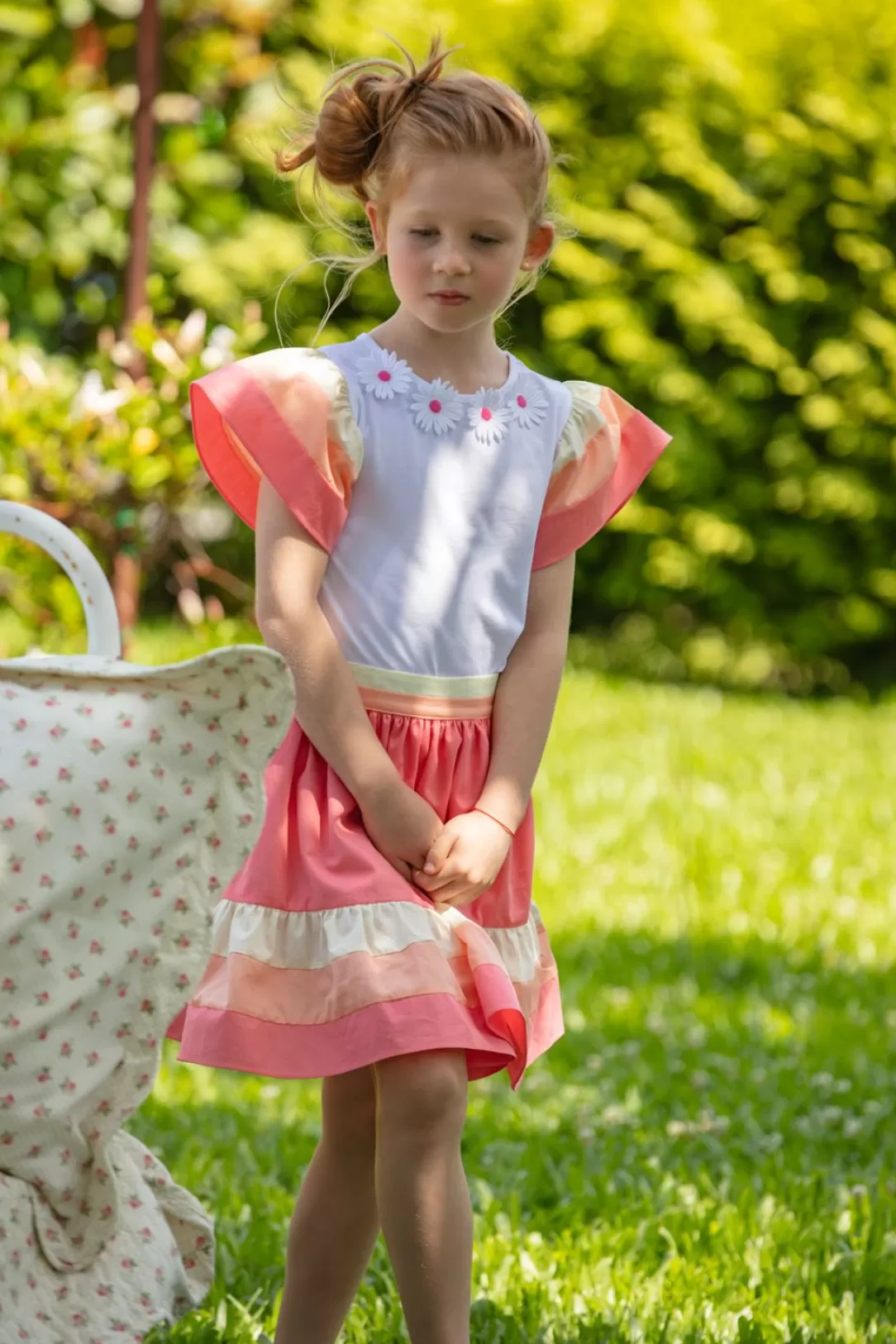 Girl Patachou Kids Girl White T-Shirt With Coral Stripes