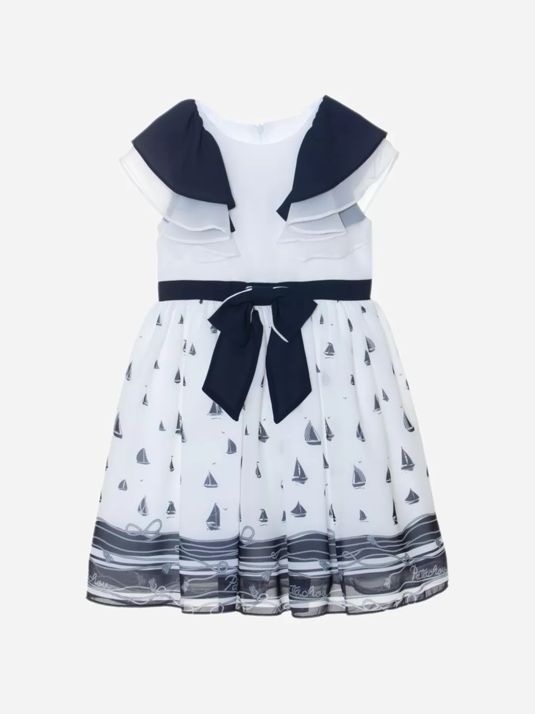 Girl Patachou Navy Blue And White Dress With Nautical Print