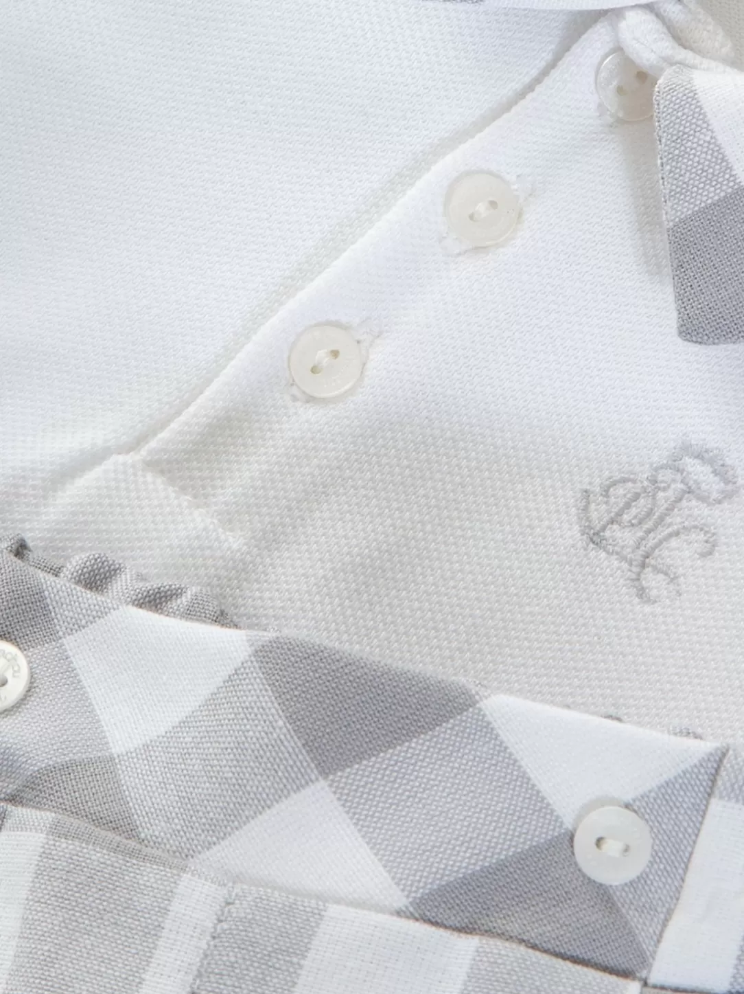 Baby Patachou Polo And Shorts Set In White Jersey And Grey Check Linen