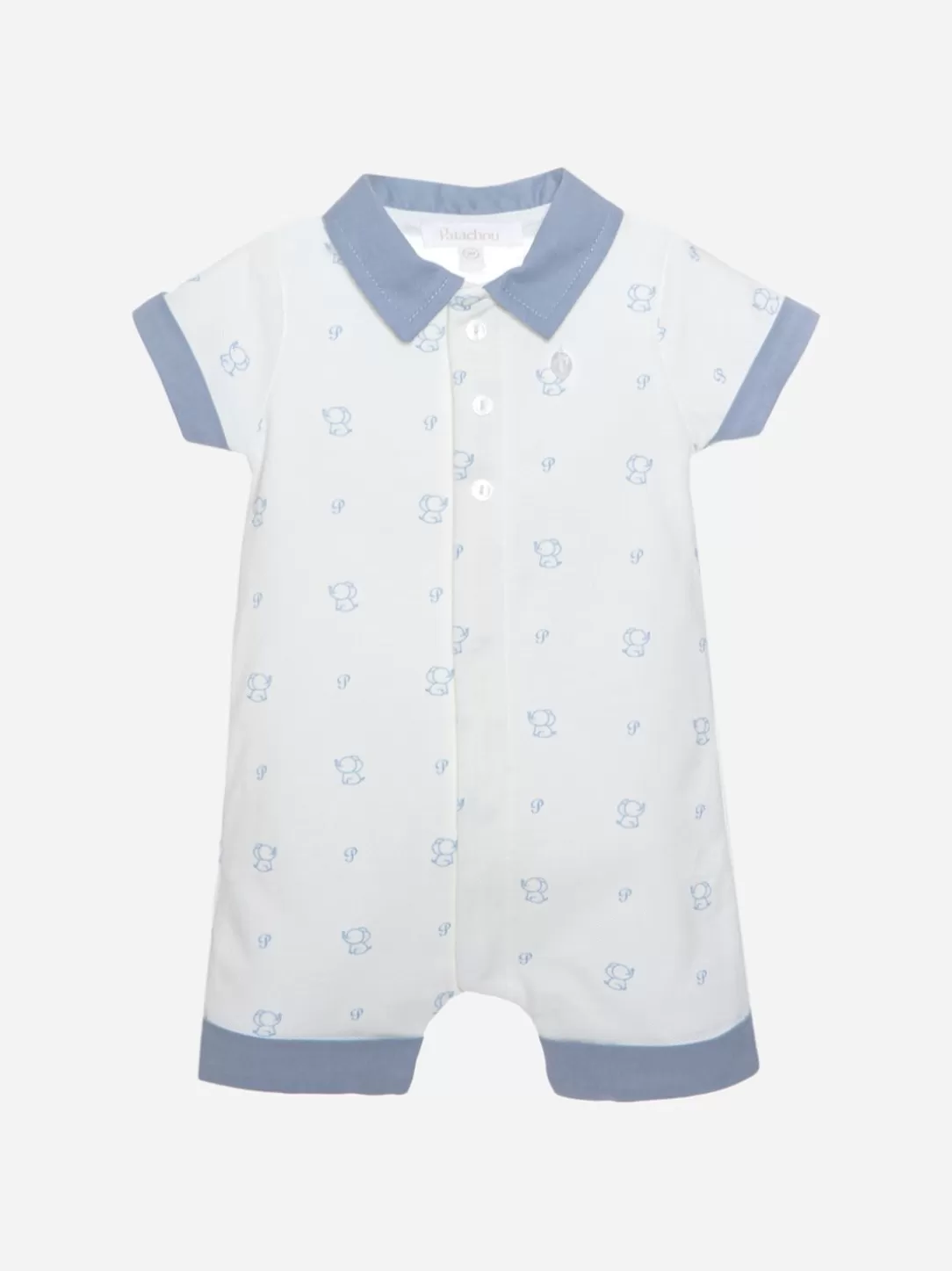 Baby Patachou White And Blue Romper With Elephant Print