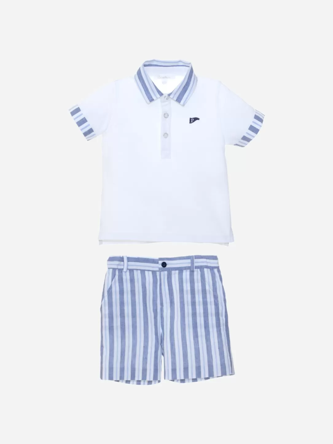 Baby Patachou White And Navy Striped Polo And Shorts Set