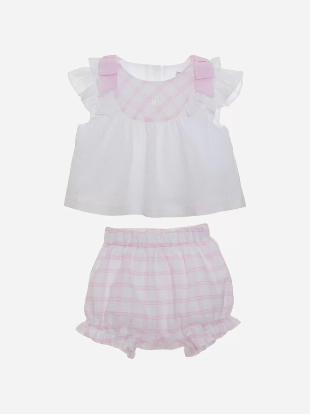 Baby Patachou White And Pink Checkered Blouse And Shorts Set