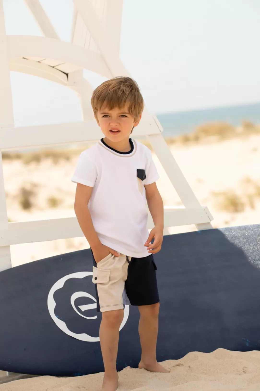 Baby Patachou White, Beige And Marine Color Block Set