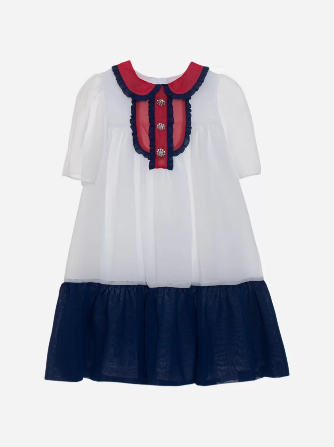 Girl Patachou White Dress With Red And Navy Blue Details