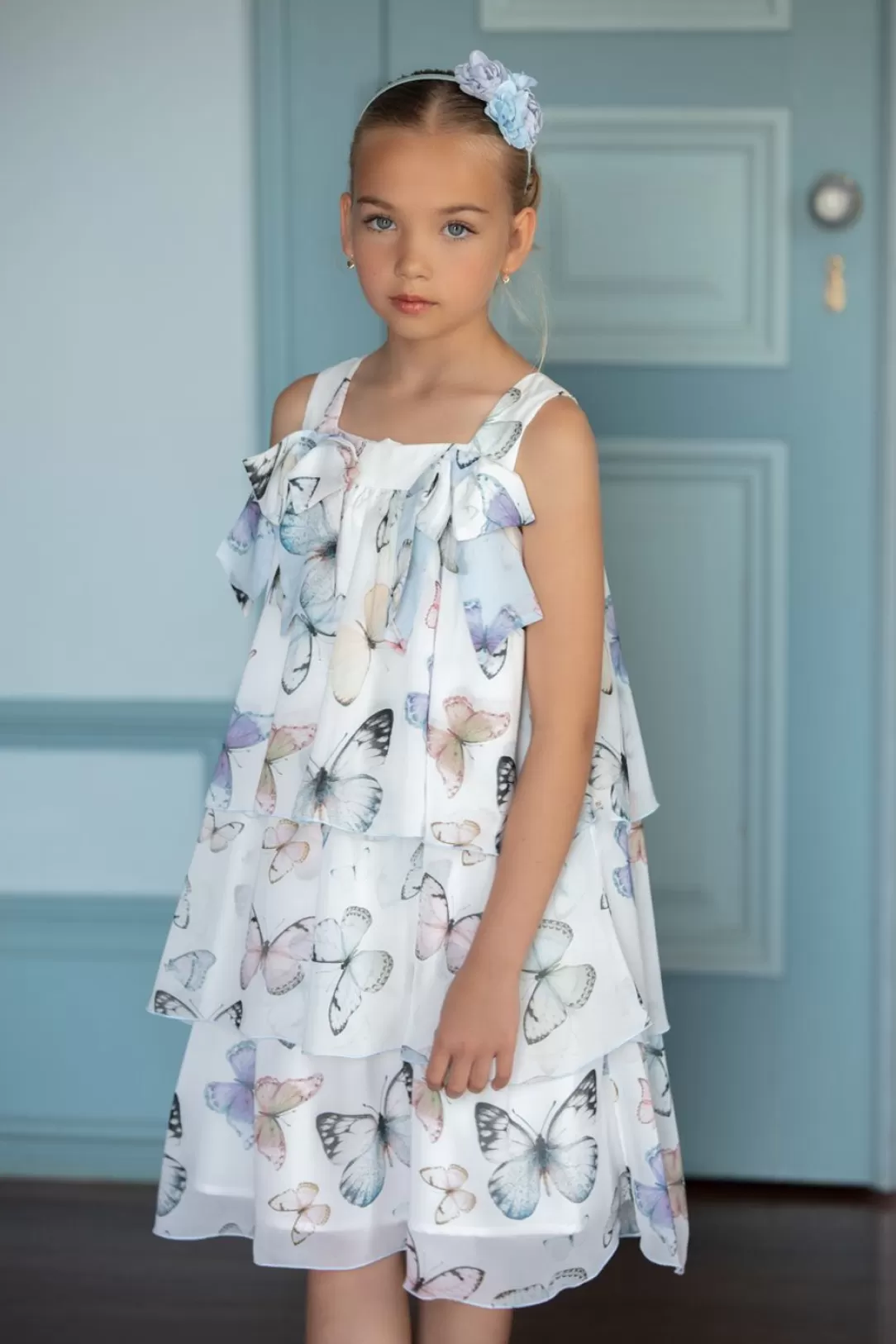Girl Patachou White Girls Dress With Multicolor Butterfly Print