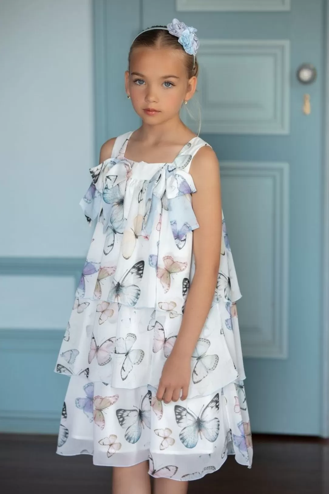 Girl Patachou White Girls Dress With Multicolor Butterfly Print