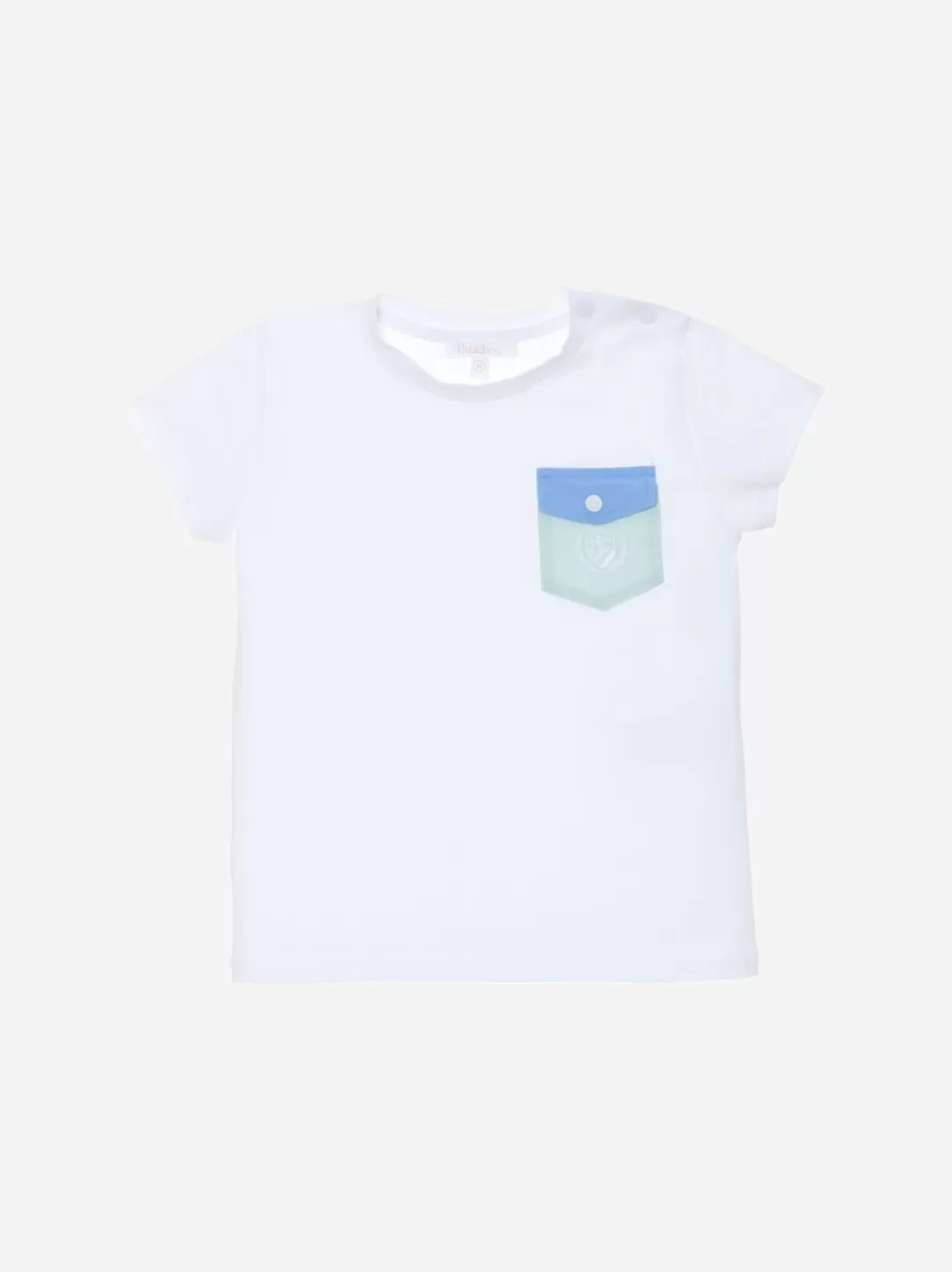 Baby Patachou White T-Shirt With Blue And Aqua Green Pocket